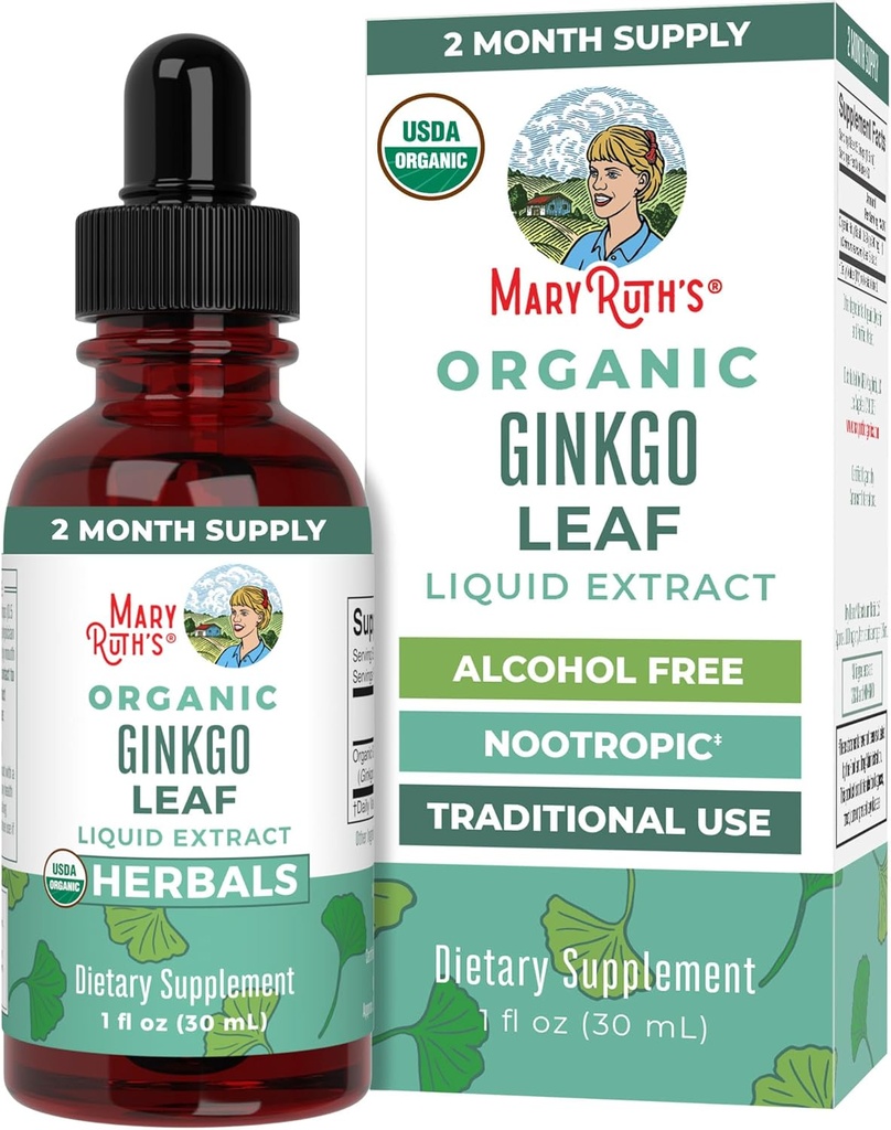 MaryRuth Organics Ginkgo Leaf Liquid Drops.com Supplément à base de plantes Nootropic.com Système circulatoire et système nerveux Santé.