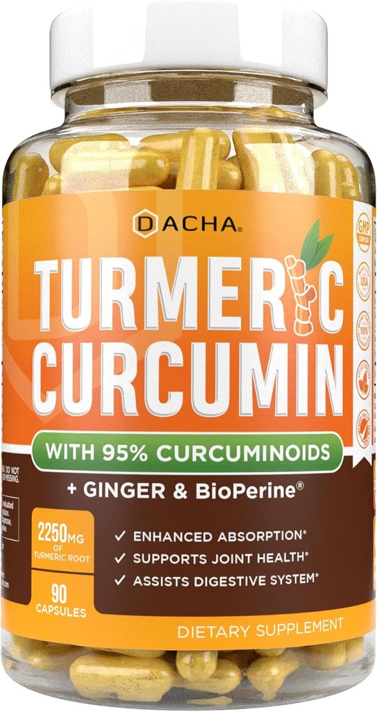 DACHA Tumeric Curcumin Supplément - 2250mg Joint Support Suppléments Turmeric avec Black Pepper Ginger 95% Curcuminoides Capsules