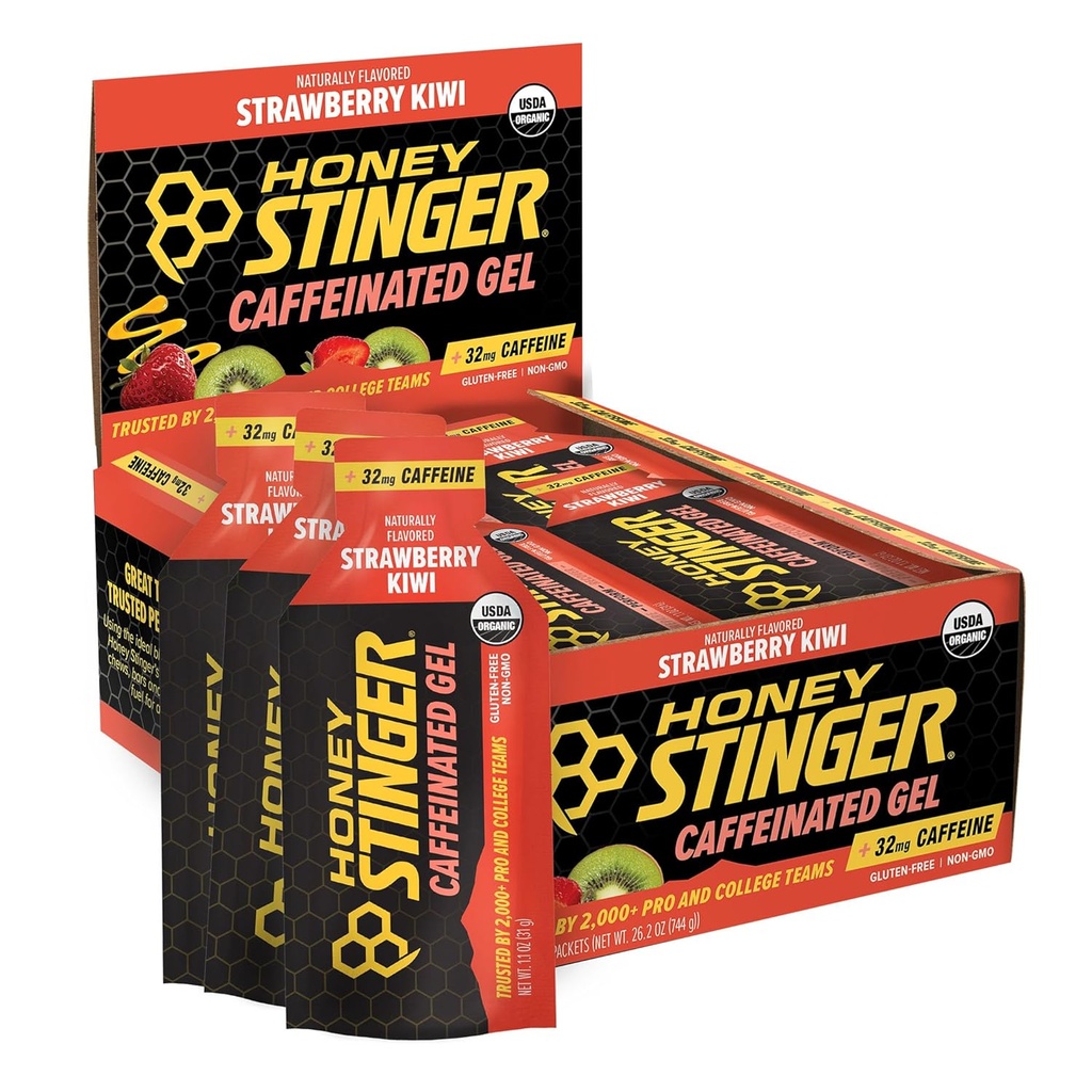 Miel Stinger Gel d'énergie Kiwi fraise biologique, sans caféine et sans gluten, pour l'exercice, la course et la performance, la nutrition sportive pour la maison et le gymnastique, la préparation et la mi-entraînement, 12 Pack, 13.2 Ounce