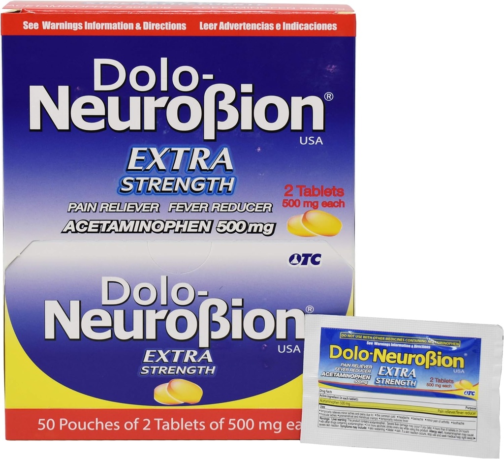 Neurobion Dolo Pain Reliever, Réducteur de fièvre, Extra Force, Fuerte, Alivia el Dolor, Réduire la Fiebre Dispenser 50 x 2 Comprimés