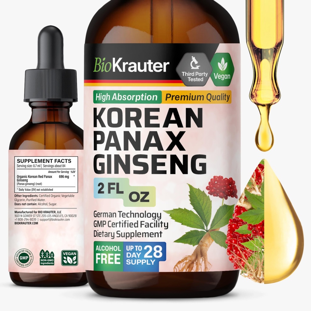 BIO KRAUTER Panax Ginseng Extract Liquide - Supplément de ginseng rouge coréen Sans alcool - Immunissance - Vegan, sans sucre - 2 Fl.Oz.