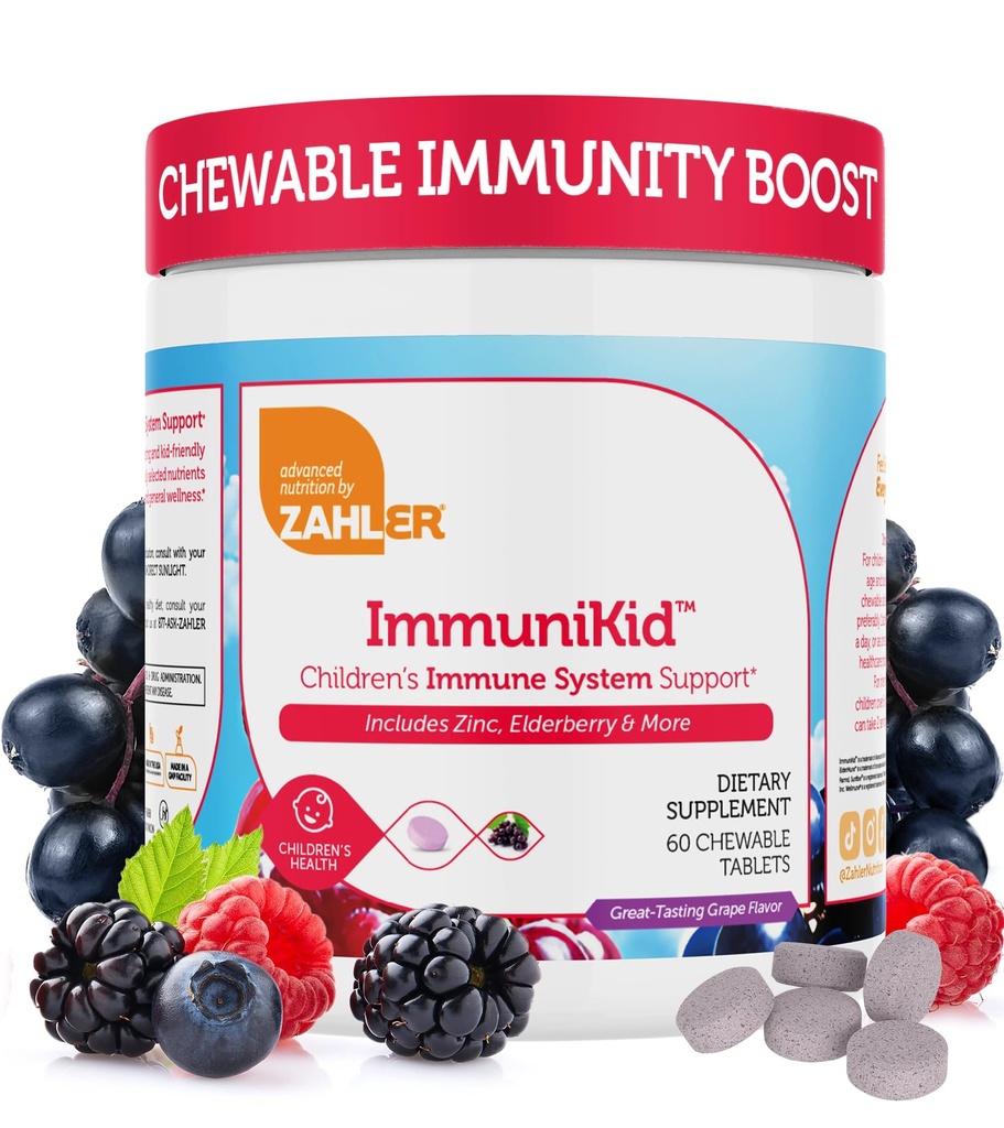 Zahler Kids Supplément de soutien immunitaire avec sureau, zinc et vitamine C D3 A - Comprimés à croquer aromatisés au raisin - Casher pour les enfants de 4 ans et plus, 60 comtes
