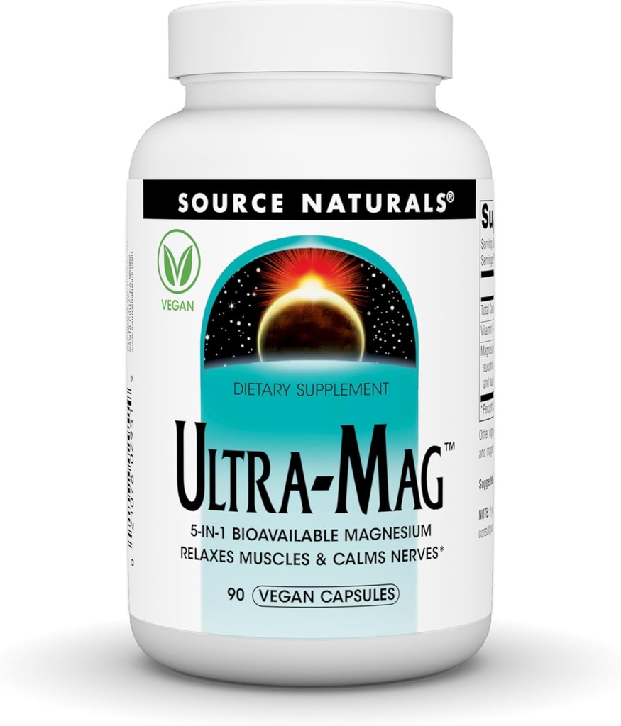 Source Naturals Ultra-Mag, Supplément alimentaire végétalien, 5-en1 Biodisponible Magnésium, Détente Muscles et Calmes Nerves*, Capsules végétaliennes (90)