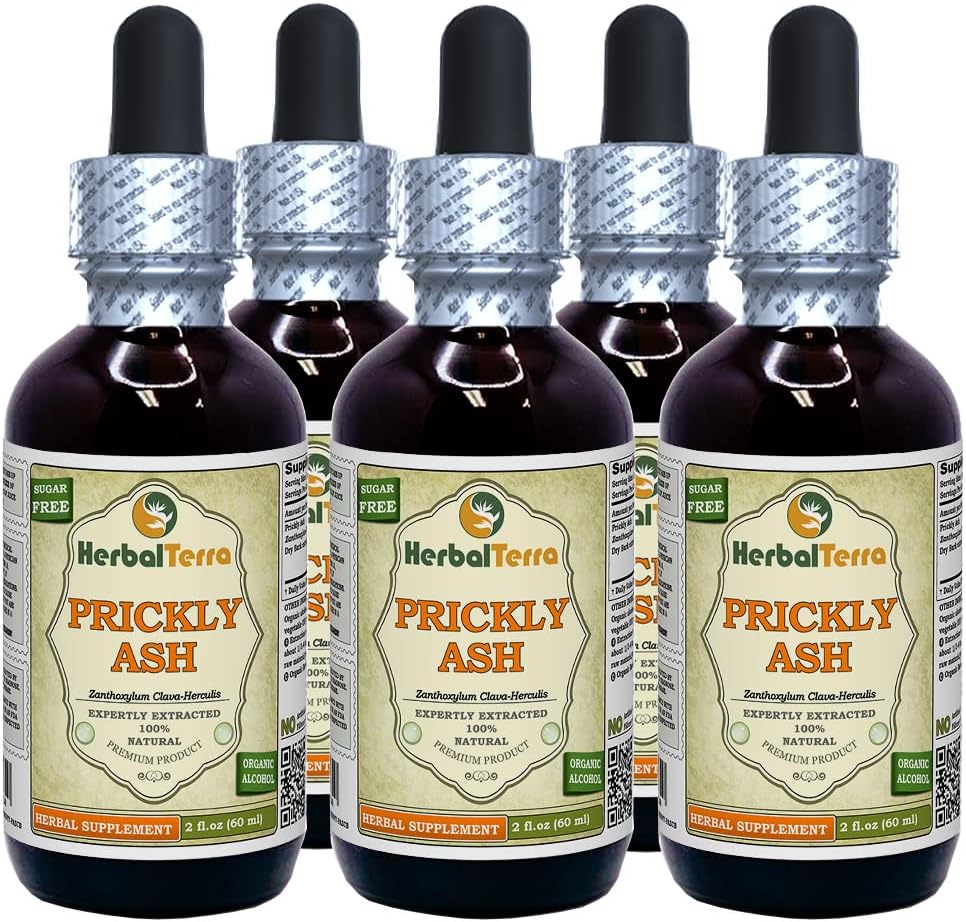 Cendre piquante (Zanthoxylum Clava-herculis) Teinture, extrait liquide d'écorce séchée (Marque: HerbalTerra, Fièrement fabriqué aux États-Unis) 5x2 fl.oz (5x60 ml)
