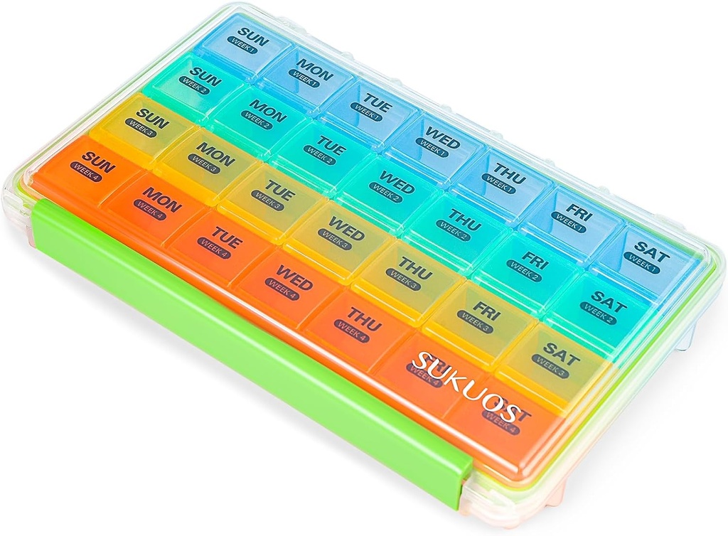 Sukuos Monthly Pill Organizer 4 semaines, grande boîte à pilules facile à ouvrir, cas d'humidité/dust-proof pour mois de vitamine/huile de poisson/compléments avec un couvercle clair