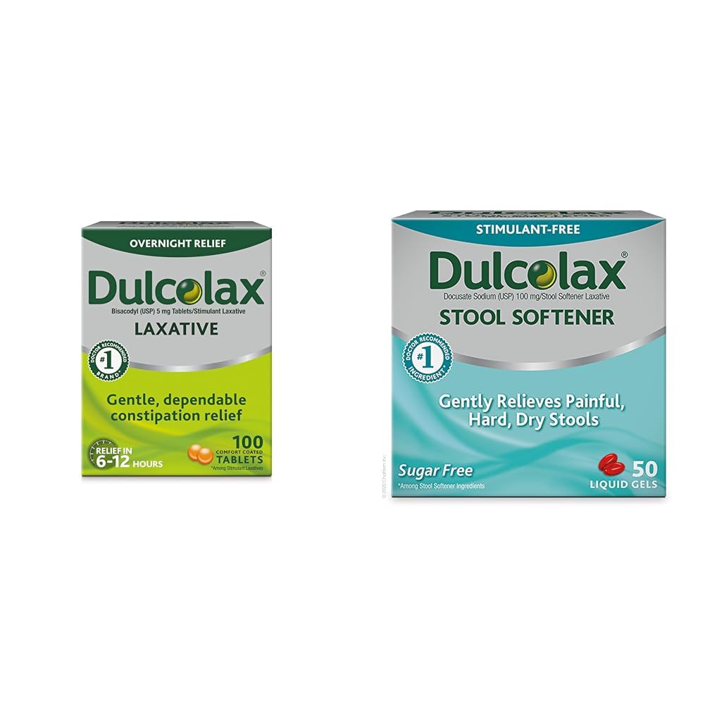 Dulcolax Stimulant Comprimés laxatifs (100 Nombre) Relief doux de Constipation Nuit, Bisacodyl 5mg & Tabouret Adoucisseur Capsules de Gel liquide laxatif (50ct) Relief doux, Docusate Sodium 100mg