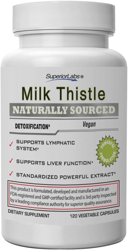 Superior Labs Thistle Lait NonGMO - 80% Silymarin Flavonoïdes - Formule puissante pour le foie, le rein, la détox et la fonction saine, l'énergie - 250mg 4:1 Extraire Rendement 1000mg, 120 capsules végétales