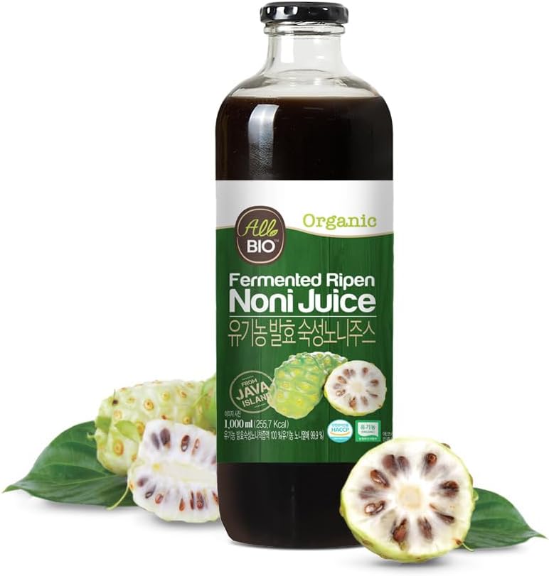 Extrait de jus biologique Java NONI - 33,8 fl oz (1L) Bouteille - 100% Resvératrol pur et noni fermenté par ALLBIO