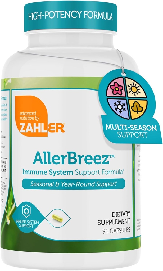 Zahler AllerBreez Immune Formule de support système avec vitamine C, Quercetine, vitamine B5, MSM et sting Nettle - Supplément de support immunitaire saisonnier et annuel, supplément allergène Dhist (90 capsules)