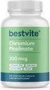 BESTVITE Picolinate de chrome 200mcg (250 capsules végétariennes) - Pas de stéarate - Pas de phosphate de dicalcium - Vegan - Sans gluten - Non-OGM