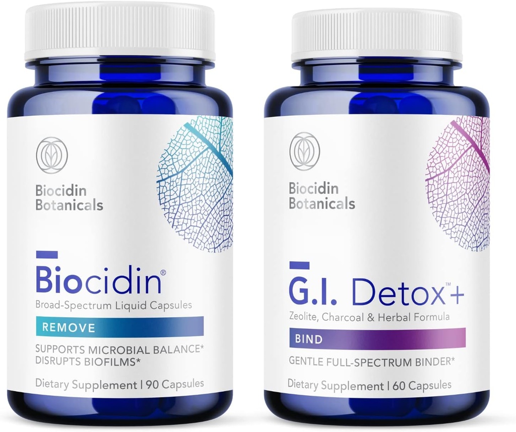 Biocidin Capules et GI Detox+ Binder Bundle - soutient le démantèlement des biofilms, la désintoxication saine et le nettoyage complet avec les botaniques, la zéolite et le charbon activé