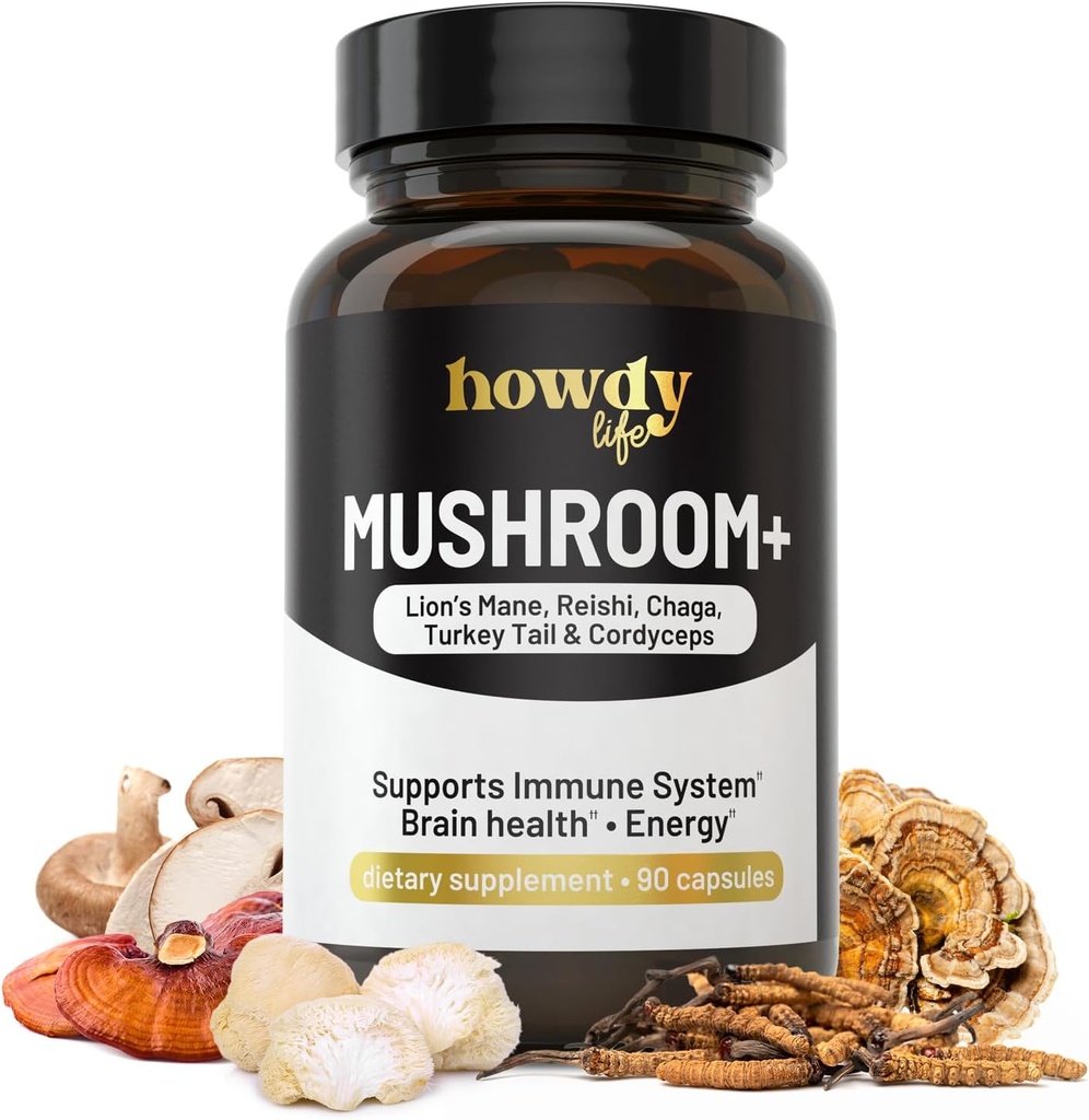 Lions Mane Supplément Capsules - Supplément de Champignon Brain Booster avec Reishi, Chaga, Cordyceps et Turkey Tail Poudre de Champignon - Supplément Nootropique et Énergie pour Mémoire et Focus