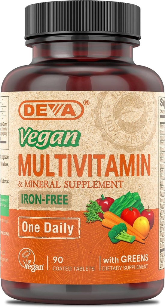 DEVA Multivitamine et supplément minéral sans fer végétalien, mélange alimentaire vert, spiruline, Chlorella, Ashwagandha, Brocoli, 90 comprimés enduits