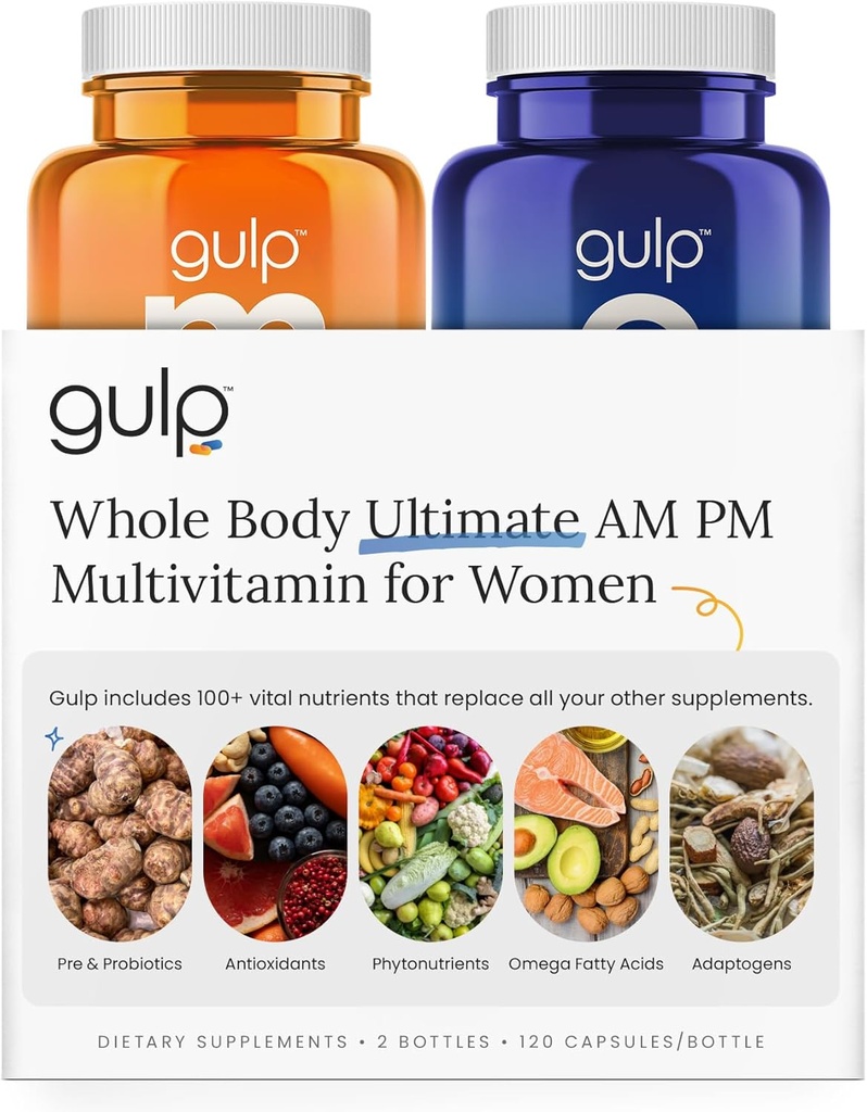 Multivitamine ultime de Gulp pour les femmes - AM PM Suppléments pour l'énergie naturelle, l'immunité, la santé de Gut et le sommeil.Probiotiques, vitamine D, biotine, B12, champignons, Oméga 3 et plus.