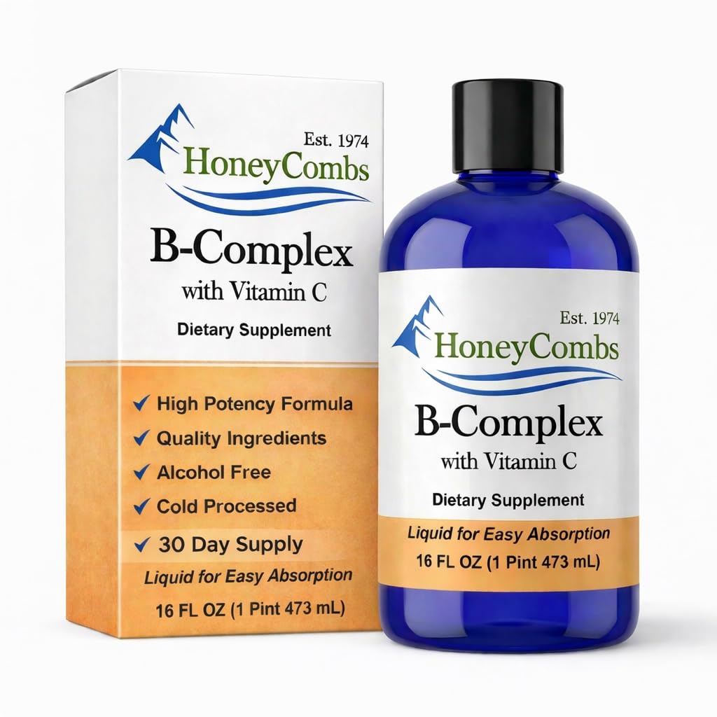 HoneyCombs Vitamine B – Supplément liquide avec vitamine B1, B2, B3, B5, B6, B7, B9, B12 et vitamine C – Vitamines complexes Super B – Supplément liquide sans alcool, 16 Fl Oz.
