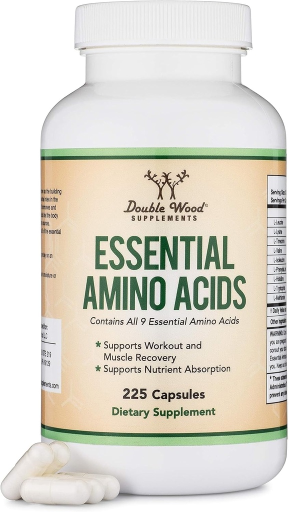 Acides aminés essentiels - Mélange de poudre de 1 gramme par portion de tous les 9 aminos essentiels (EAA) et de tous les aminos à chaîne ramifiée (BCAA) (leucine, isoleucine, valine) 225 capsules, sans gluten, en double bois