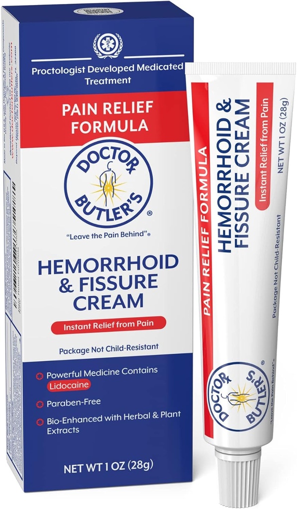 Crème Hémorroïde & Fissure du Docteur Butler – Traitement hémorroïde de soulagement de la douleur instantanée avec Lidocaine, Crème hémorroïde à action rapide pour soulager les démangeaisons externes et les brûlures (1 oz.)