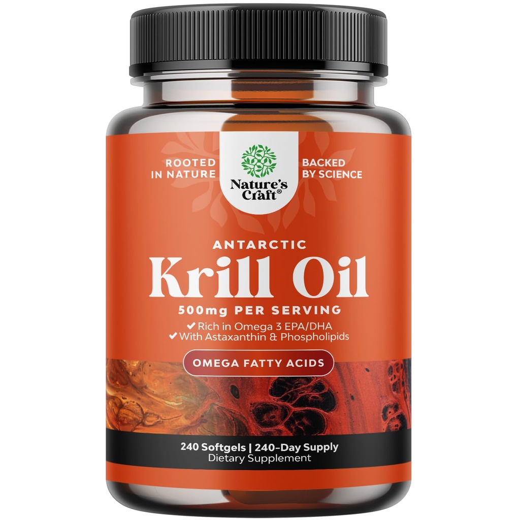 Huile de krill antarctique 500mg Softgels - supplément d'huile de krill Omega 3 avec EPA DHA & Astaxanthin pour le cerveau articulaire et le cœur - 3e laboratoire de partie testé Aucun OGM de gluten ou arrière-goût de poisson (jusqu'à 8 mois d'approvisionnement)