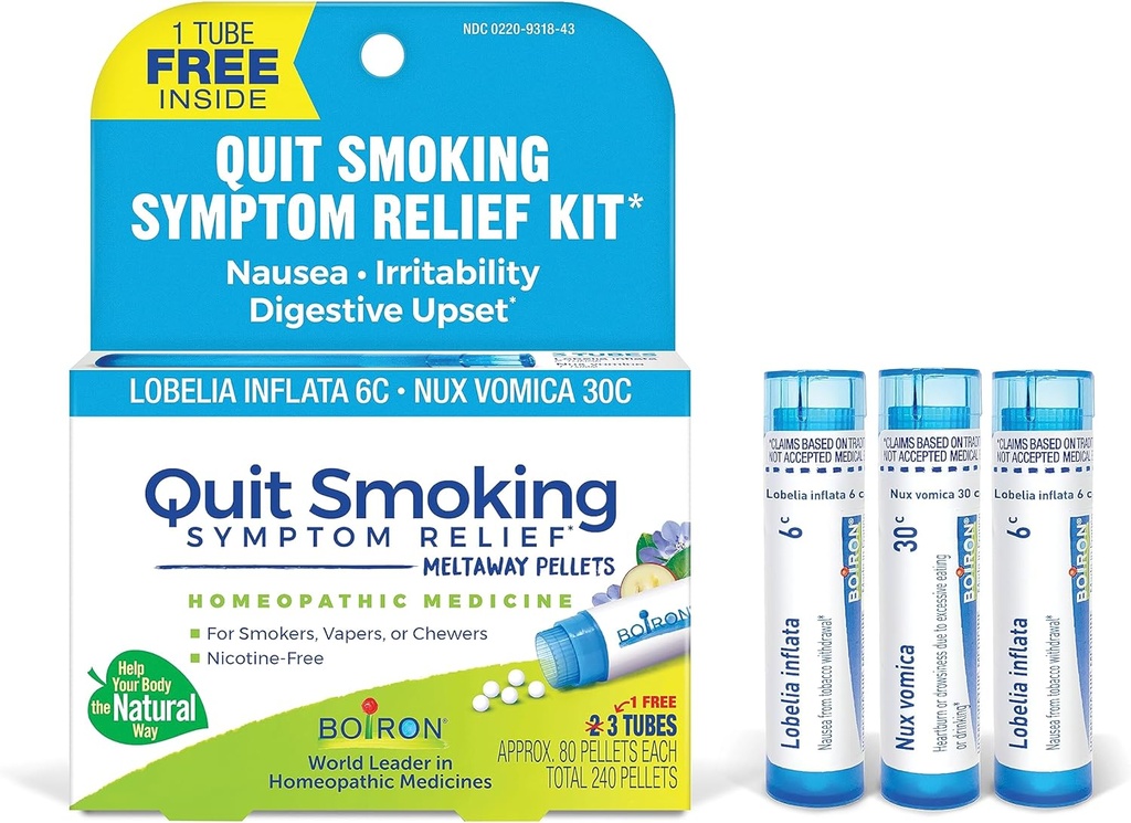 Boiron Cessez de fumer Kit de soulagement pour les symptômes de la nicotine du tabac, du vapotage ou de l'échouement – Nausées, irritabilité, et estomac relevé – Non-nausées et sans nicotine – 3 Nombre (240 Pellets)