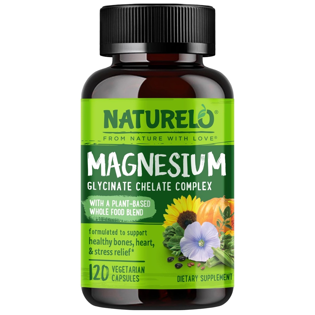 NATURELO Complexe de chélate de glycinate de magnésium - 200 mg de magnésium avec des légumes biologiques pour soutenir le sommeil, le calme, la crampe musculaire et le stress - sans gluten, sans OGM - 120 capsules