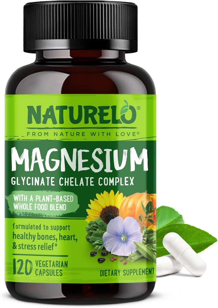 NATURELO Magnesium Glycinate Chelate Complex - 200 mg Magnesium with Organic Vegetables to Support Sleep, Calm, Muscle Cramp & Stress Relief - Gluten Free, Non GMO - 120 Capsules