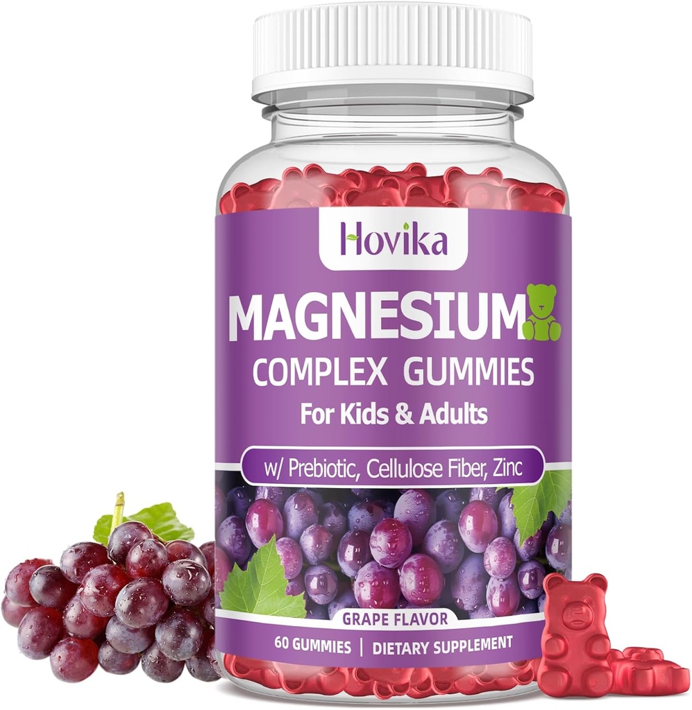 Magnesium Gummies for Kids - Magnesium Glycinate, Citrate, Prebiotic, Zinc - Kids & Adults Magnesium Complex Calm Gummies for Nerve Bone & Muscle Health for Kids Wellness, Vegan Grape Flavor 60 Count