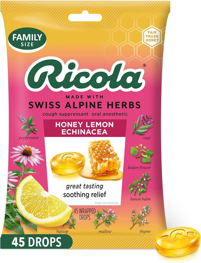 Ricola Lémon au miel avec gouttes de Toux d'Echinacea, 45 comtes, Delicious Throat Relief & Care, Anesthésie orale, naturellement aromatisé