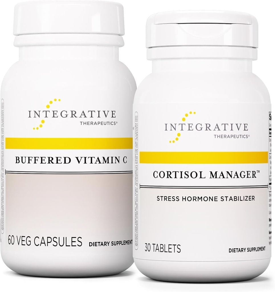 Ensemble de produits thérapeutiques intégratifs avec Cortisol Manager, 30 comprimés - Capsules de vitamine C buvées 1 000 mg, 60 gélules véganes - Supplément stress avec Ashwagandha* - Supplément immunitaire avec antioxydants*