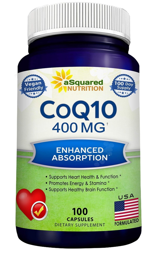 aSquared Nutrition CoQ10 (400mg Max Strength, 100 Capsules de Véggie) - Poudre de Coenzyme Q10 à haute absorption - Pilules de supplément d'Ubiquinone, Comprimés de vitamine Coq 10 400 mg