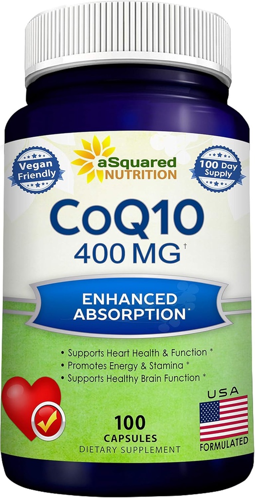aSquared Nutrition CoQ10 (400mg Max Strength, 100 Capsules de Véggie) - Poudre de Coenzyme Q10 à haute absorption - Pilules de supplément d'Ubiquinone, Comprimés de vitamine Coq 10 400 mg
