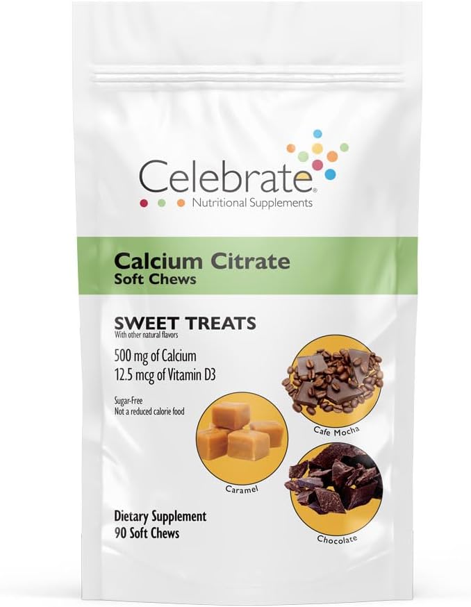 Célébrez les vitamines Citrate de calcium bariatrique avec de la vitamine D3, 500mg, sans sucre et sans gluten Citrate de calcium pour les patients bariatriques, bonbons, 90 Nombre