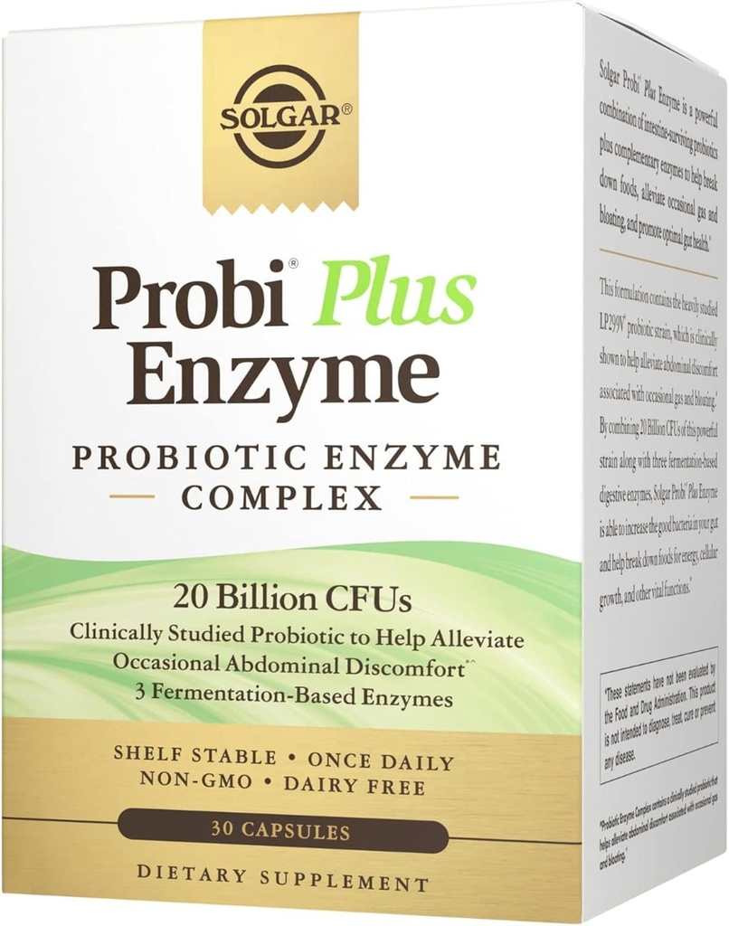 Solgar Probi Plus Enzyme Complex, 30 Capsules - 20 Million d'UFC Probiotic Plus Enzymes - Une fois par jour - Étude clinique pour atténuer le gaz occasionnel et le ballonnement - Sans OGM et sans produits laitiers, 30 portions