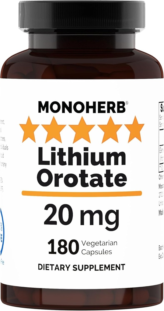 MONOHERB Orotate de lithium 20 mg de lithium élémentaire par gélule - 180 capsules végétariennes