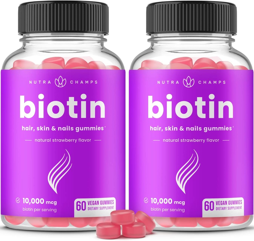 NutraChamps (2 Pack) Gommies de biotine 10 000mcg [haute puissance] pour les cheveux, la peau et les ongles sains pour les adultes et les enfants - 5000mcg dans chaque vitamine Gummy - Vegan, non-OGM, supplément de santé des cheveux à base de pectine