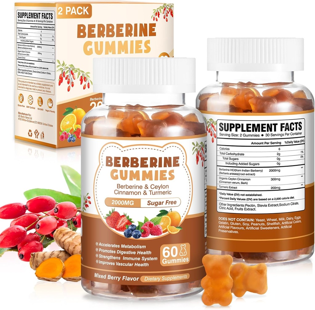 120 Comte Berberine Extract Gummies 2000mg Natural Organic Berberine Extract HCI Supplément avec Ceylan Cinnamon Turmeric pour les femmes Hommes Soutien système immunitaire digestif Métabolisme Berry Flavor mélangé