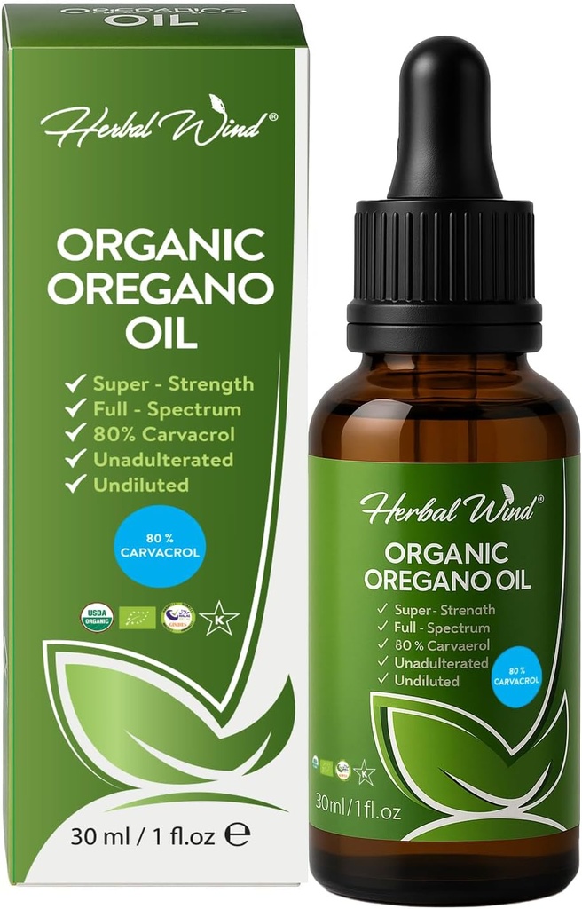 Huile d'origan biologique - 1 Fl Oz (30ml), 80% Carvacrol USDA Huile d'origan biologique gouttes liquides, à base de plantes concentrées, non OGM, suppléments à base de plantes