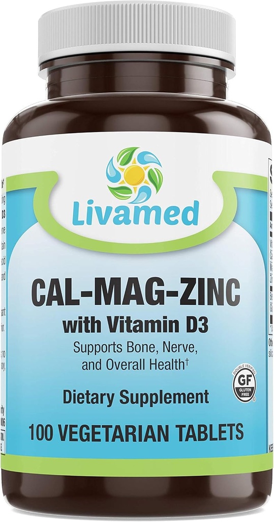 Cal-Mag-Zinc Chélaté avec vitamine D3, supplément de force osseuse - Bons et dents sains, coeur, muscles et système cardiovasculaire sain - Meilleur aliment entier Vitamine et complexe minéral-100 Caps végétaliens