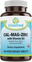 Cal-Mag-Zinc Chelated with Vitamin D3, Bone Strength Supplement -Healthy Bones & Teeth, Heart, Muscle, & Healthy Cardiovascular System -Best Whole Food Vitamin & Mineral Complex-100 Vegan Caps