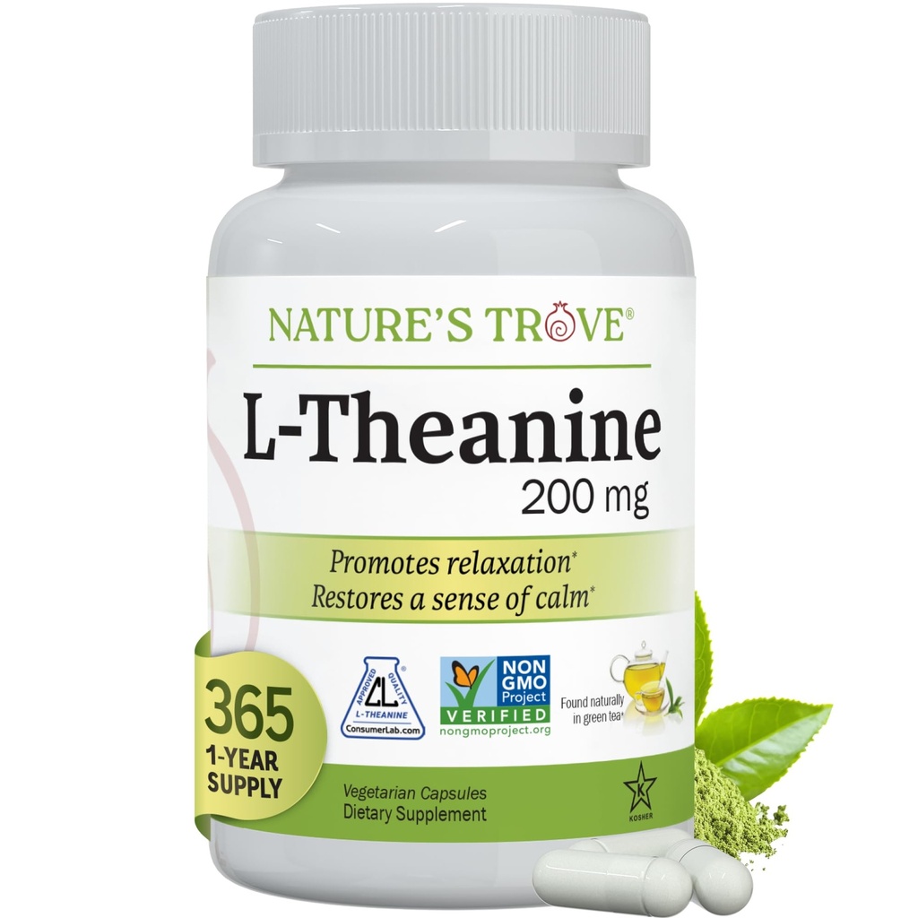 Nature's Trove L-Theanine 200mg Super Value Size - 365 Vegetarian Capsules