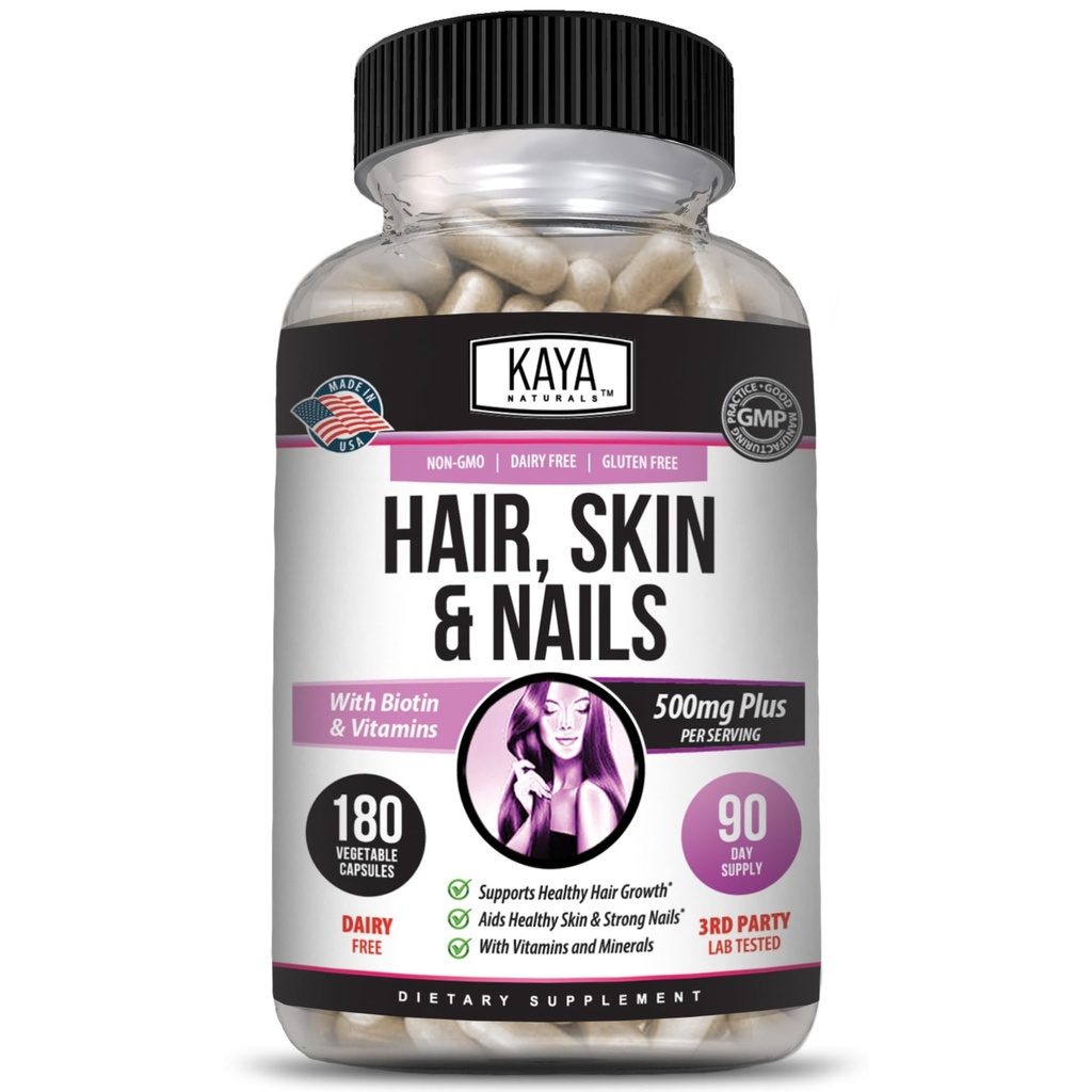 Kaya Naturals Peau Nail Capsules BIOTIN Vitamine D Vitamine B-12 Un support à l'acide folique, complément de vitamine pour le soutien des cheveux - 180 Compte