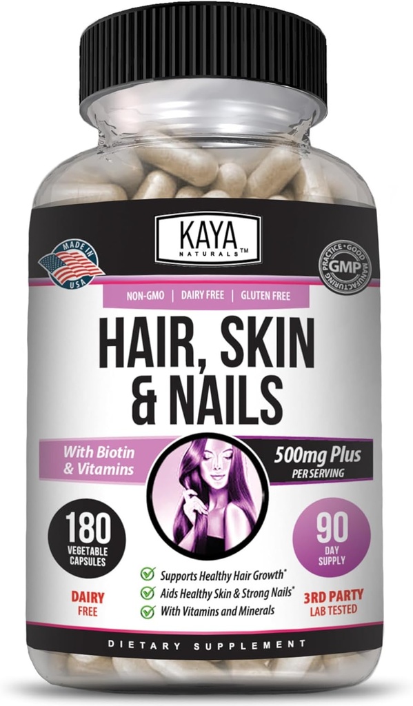Kaya Naturals Peau Nail Capsules BIOTIN Vitamine D Vitamine B-12 Un support à l'acide folique, complément de vitamine pour le soutien des cheveux - 180 Compte
