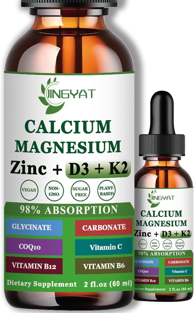 Calcium Magnésium Zinc gouttes liquides, Magnésium liquide Glycinate 500mg Calcium 1000mg avec vitamine D3,K2,B6,B12,Coq10 pour la force osseuse, fonction musculaire,6X plus forte que les capsules de gommes