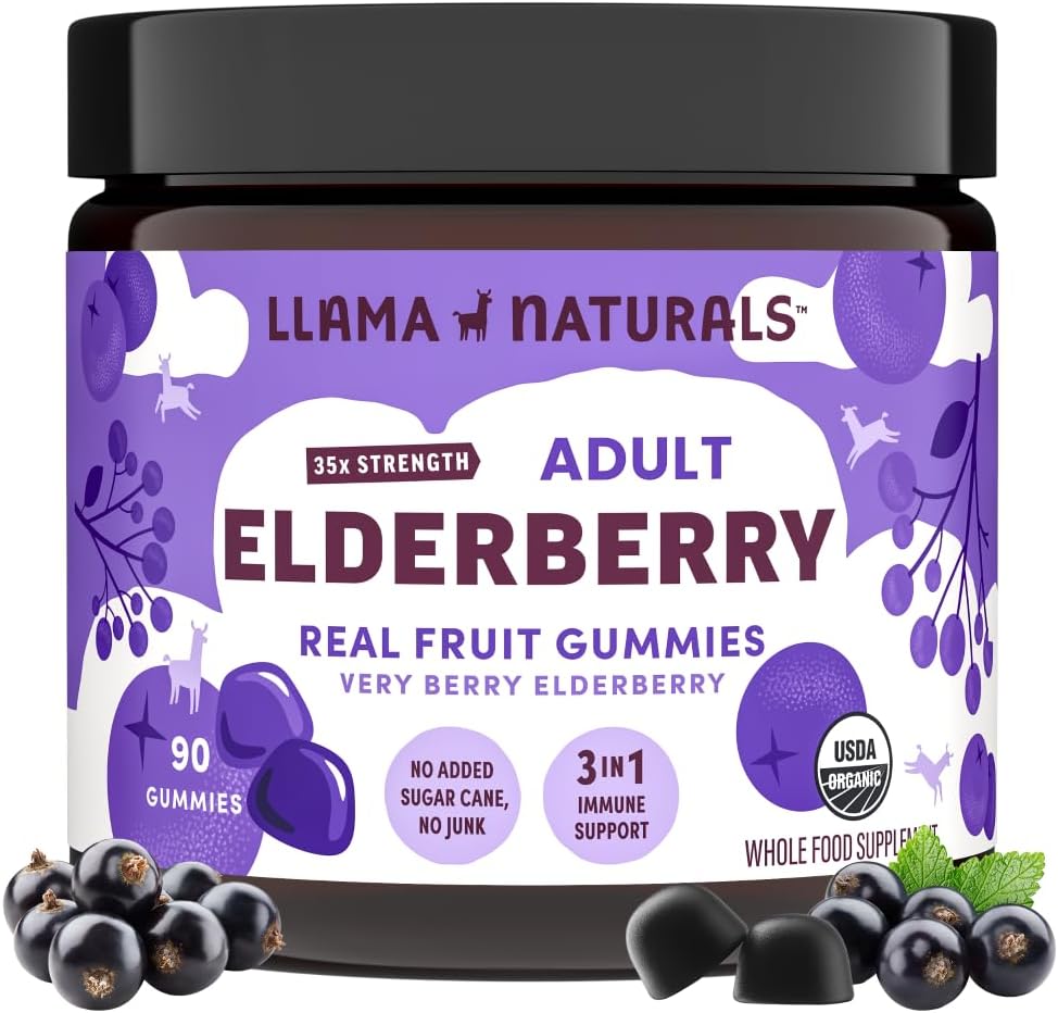 Llama Naturals Gummies pour les adultes, Végétalien, Supplément de soutien aux immunes biologiques avec vitamine C et zinc, Vitamines Gummy de vrais fruits pour l'immunité, à croquer, Pas de canne à sucre ajouté, 90 Ct