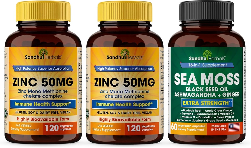 Sandhu Herbals Zinc 50mg & Sea Moss Black Seed Oil Ashwagandha Ginger Burdock Root Supplément pour hommes et femmes