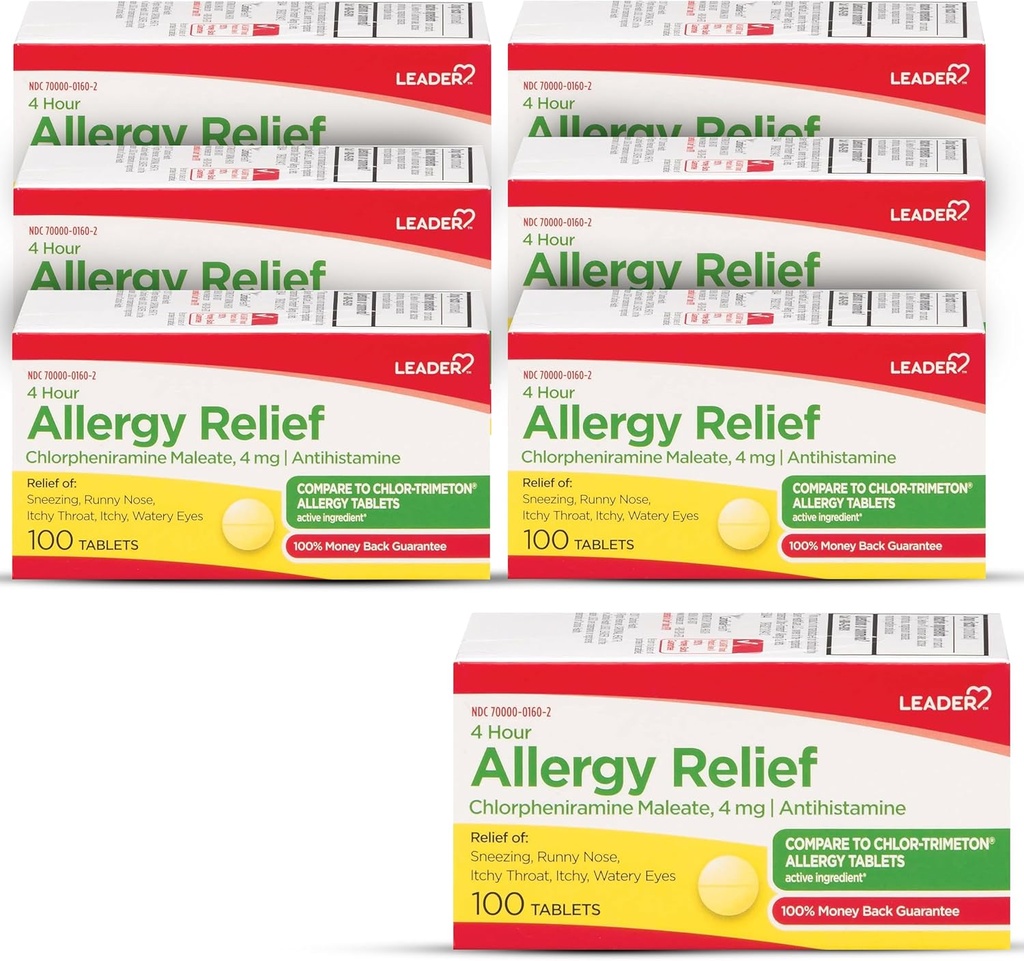 Leader 4 heures de soulagement de l'allergie, comprimés de maléate de chlorphéniramine, antihistaminique, 4 mg, 100 Nombre (paquet de 6)