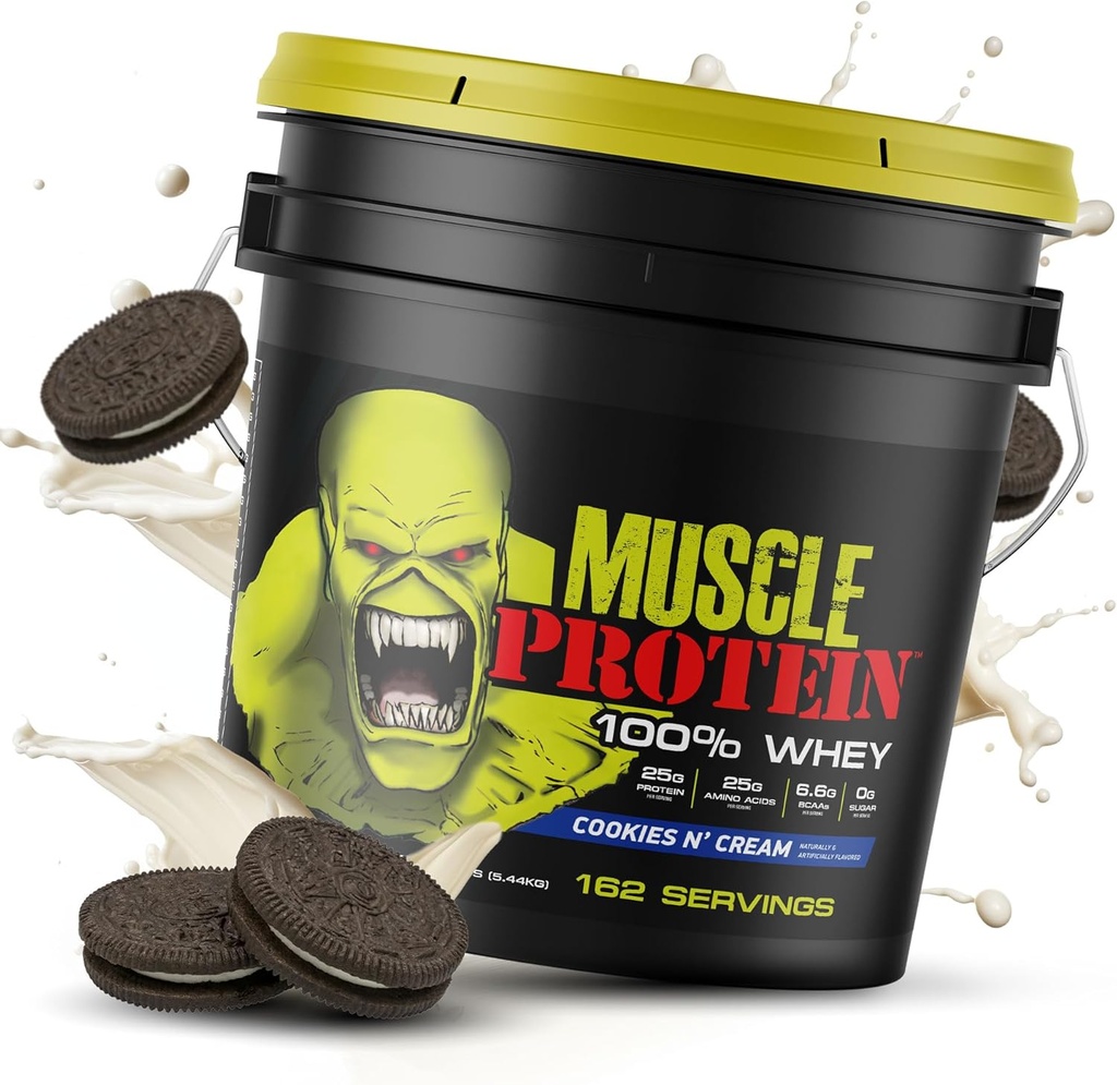 LABES COLOSSALES Muscle Whey Protéines Aromatisées Poudre de protéines, 25 000 mg Acides aminés/Serveur, Filtré à froid (Paquetage May Vary) (12 livres (Bucket), Cookies & Crème)