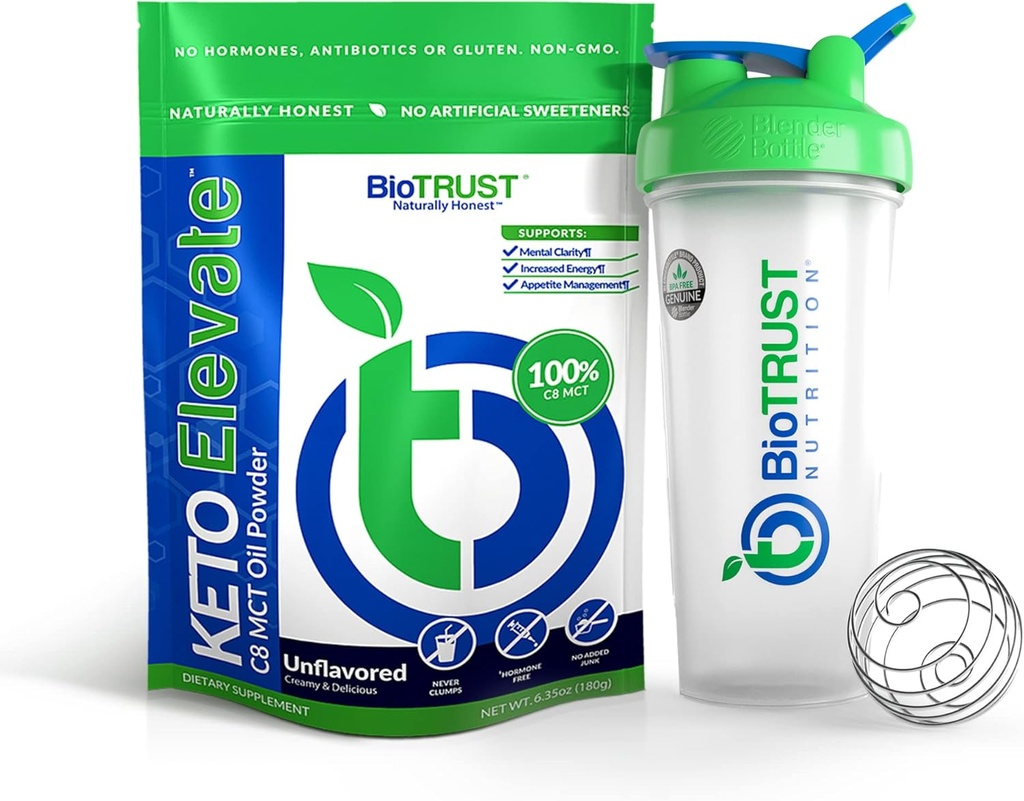 BioTrust Keto Élevée Pure C8 MCT Poudre d'huile (non aromatisée) MélangeurBottle Bundle