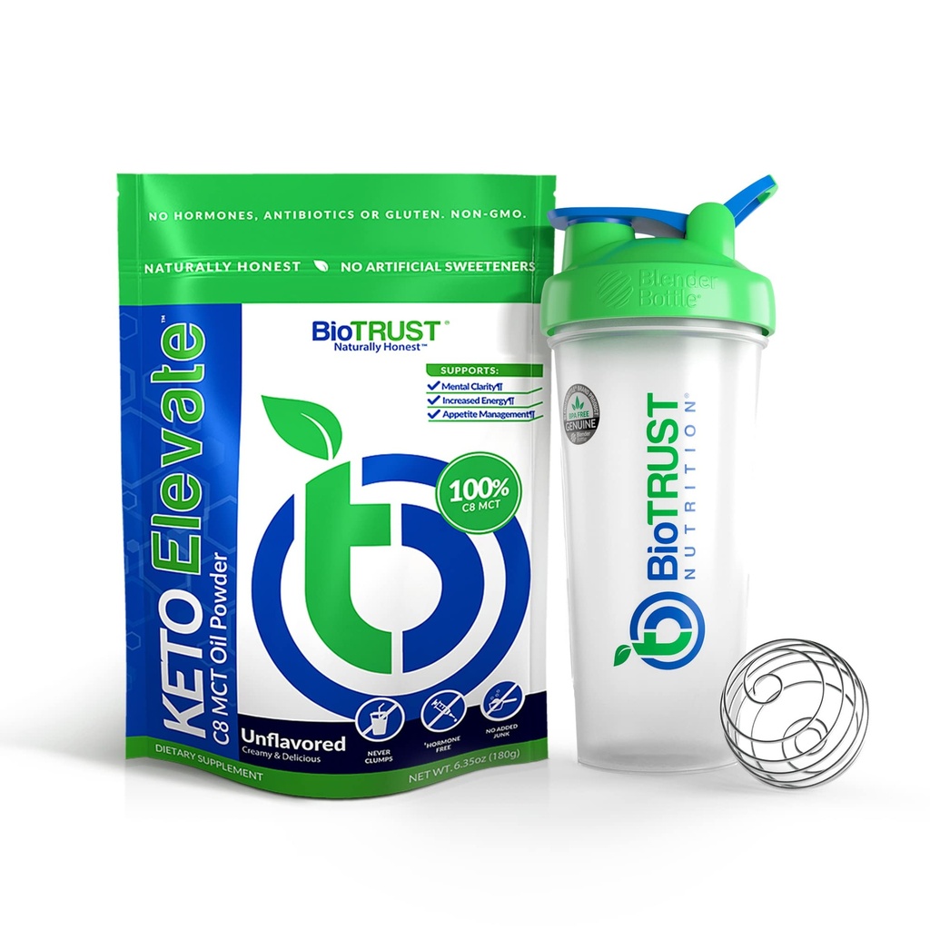 BioTrust Keto Elevate Pure C8 MCT Oil Powder (Unflavored) BlenderBottle Bundle