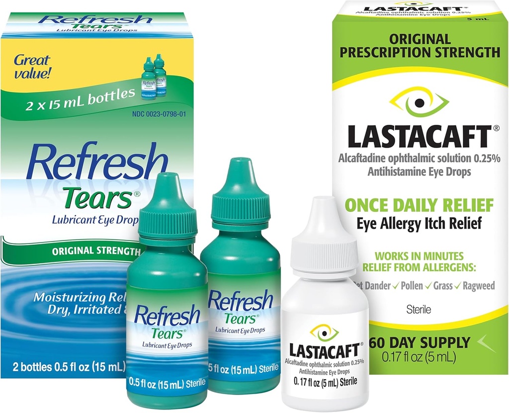 Ensemble de larmes rafraîchies gouttes oculaires lubrifiantes, 2 comtes (paquet de 1) + Lastacaft une fois par jour gouttes de soulagement d'allergie oculaire, 60 jours d'approvisionnement, 0,17 Fl Oz (paquet de 1)