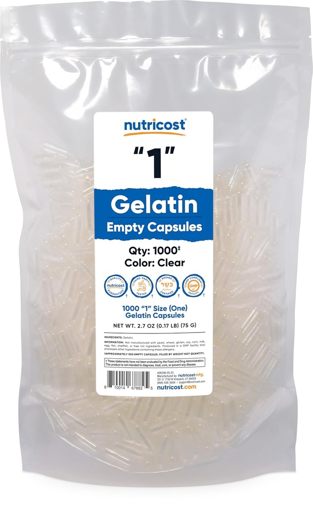 Nutricost Capsules vides Gélatine Taille 1-1000 Capsules de gel vides claires '1' - Casher, non-OGM, sans soja, sans gluten